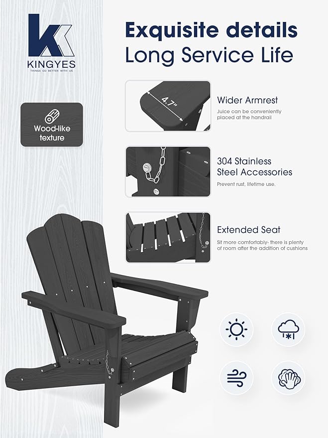 KINGYES Folding Adirondack Chair Set of 2, HDPE All-Weather Folding Adirondack Chair, Grey