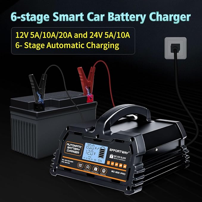 20A 12V/24V Battery Charger,Lead Acid Charger, 12V LiFePO4 Charger. Smart Battery Charger with Trickle Charge.Car Battery Maintainer with LCD Display. Suitable for Trucks,AMG,Motorcycles