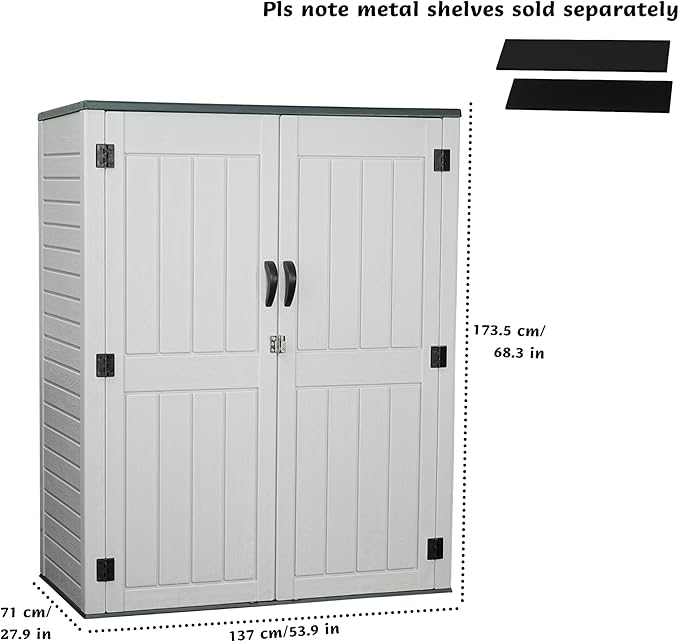 Vertical Resin Storage Shed, 60 Cuft Garden Tool Sheds & Outdoor Storage, Plastic Outdoor Storage Cabinet Waterproof, 4.5 x 2.3 ft Backyard Outside Lawn Mower Storage Shed, Light Grey