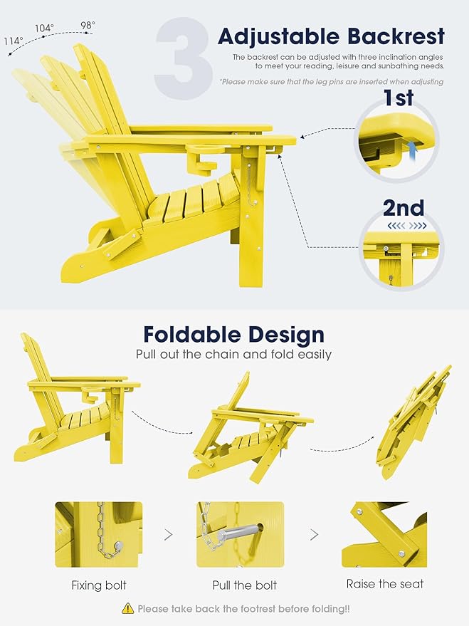 KINGYES Folding Adjustable Adirondack Chair with Ottoman & 2 Cup Holders Set of 2, HDEP Multifunctional Adirondack Chair with Footrest, Yellow