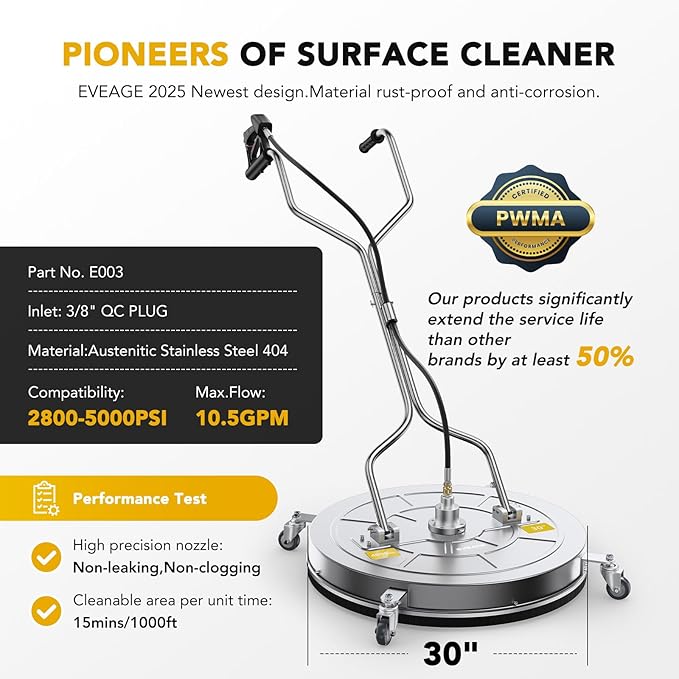 EVEAGE 30" Pressure Washer Surface Cleaner, Dual Handle Stainless Steel Power Washer Surface Cleaner with 4 Wheels, 4000 PSI, Professional Grade Perfect for Driveways, Sidewalks,Concrete Cleaning