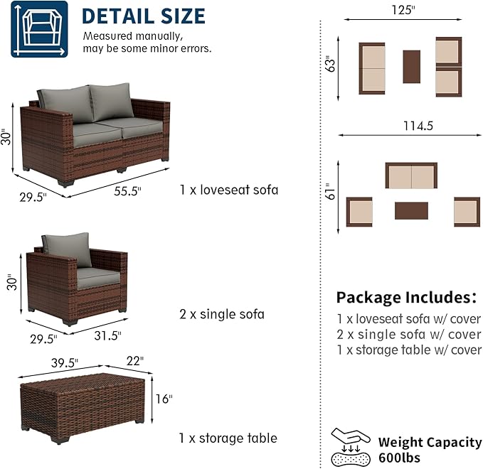 UDPATIO 4 Piece Patio Furniture Set, Wicker Patio Set with Storage Coffee Table and Dark Grey Cushions, Outdoor Patio Furniture for Porch Balcony