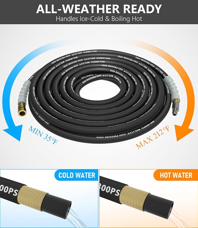 Pressure Washer Hose 200FT 4000 PSI, Kink Resistant Steel Braided Layer & NonMarking Rubber for Hot/Cold Water, High Power Washer Hose With 3/8 Inch Quick Connect & M22 Fitting, Black