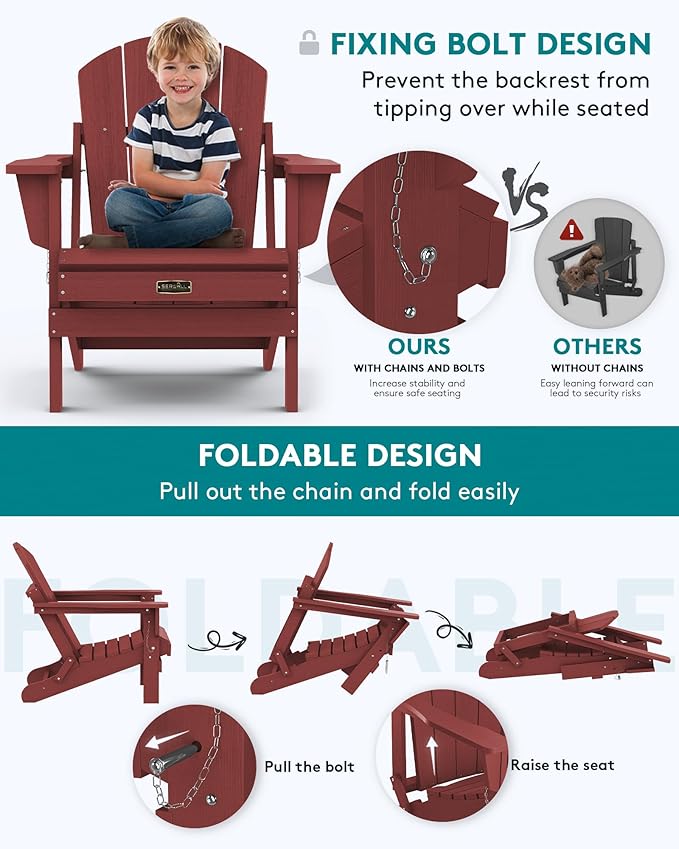 SERWALL Foldable Adirondack Chair Set of 4 for Patio Garden Outdoors Fire Pit Chairs- Red
