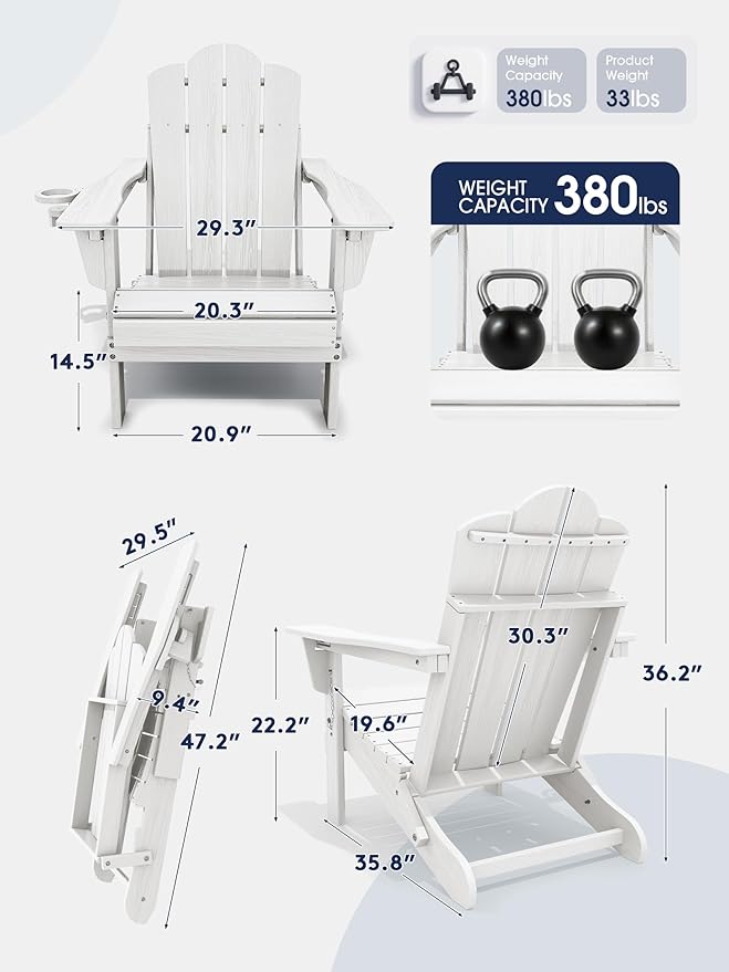 KINGYES Adjustable Folding Adirondack Chair Set of 4, 3-Position Reclining Adirondack Chairs with Cup Holder, HDPE All-Weather Oversized Adirondack for Outdoor, Patio, Backyard Deck, Fire Pit, White