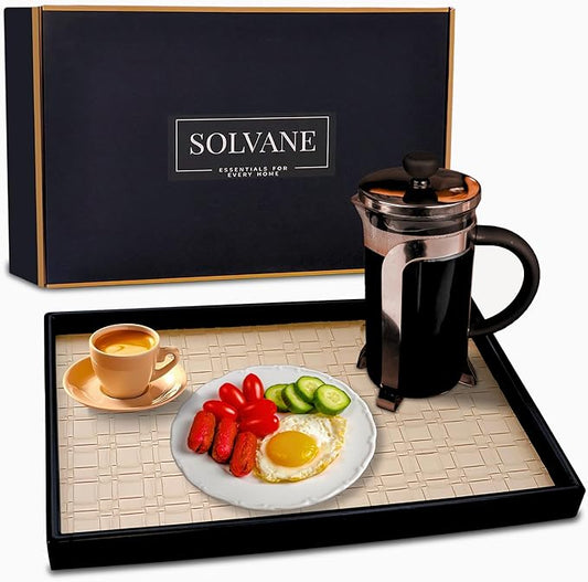 Solvane Wooden Serving Tray in Black – 15x11in Rectangular Ottoman & Coffee Table Tray, Decorative Wood Tray with PU Leather Base for Living Room, Kitchen, Bathroom & Vanity