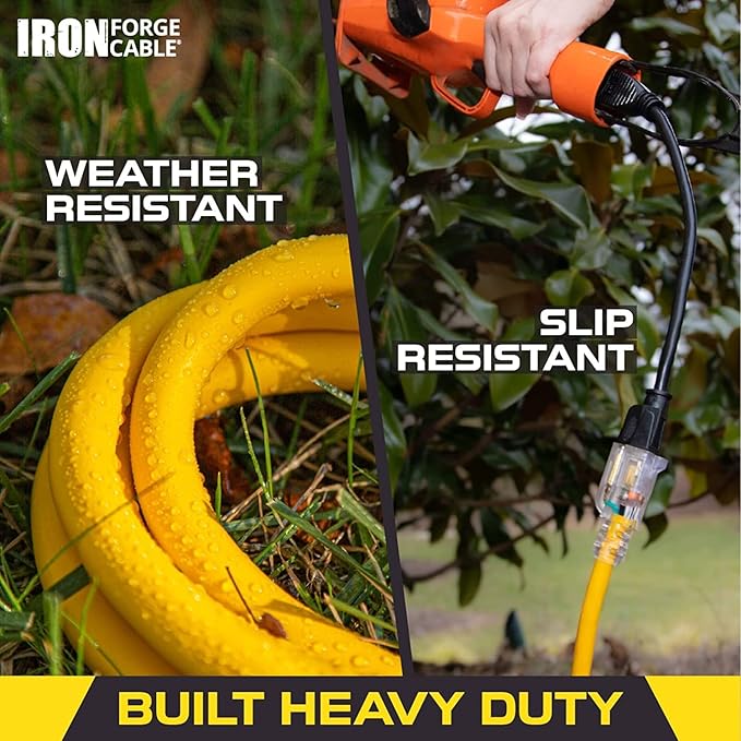 Iron Forge Cable Weatherproof 10 Ft Outdoor Extension Cord - 14/3 SJTW 15 Amp Heavy Duty Yellow Extension Cord 3 Prong - Lighted End
