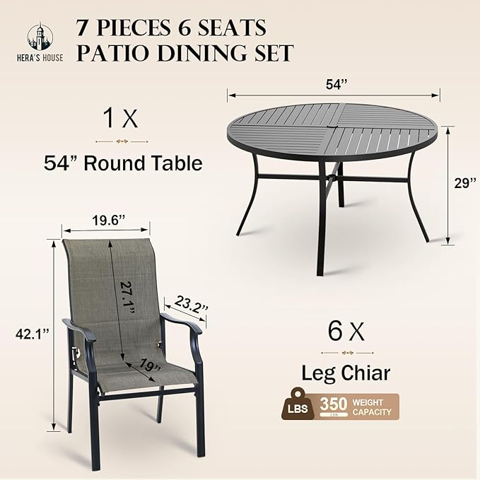 HERA'S HOUSE 7 Pieces Outdoor Dining Sets, 1 Round Steel Weather Resistant Table with 1.57" Umbrella Hole and 6 High Back Patio Chairs for Lawn Garden Backyard