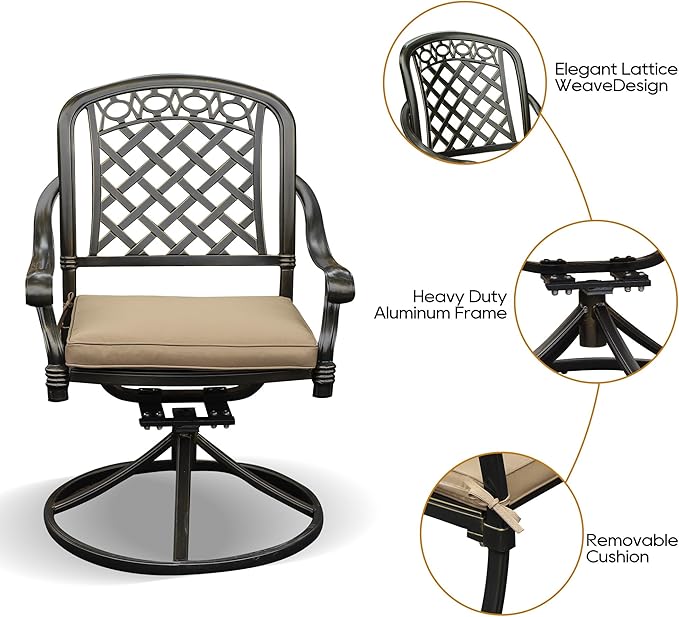 Cast Aluminum Outdoor Swivel Dining Chairs, All-Weather Patio Swivel Rocker Chair Sets with Cushion for Garden, Backyard, Poolside, Bistro (Khaki, 4 Pieces)