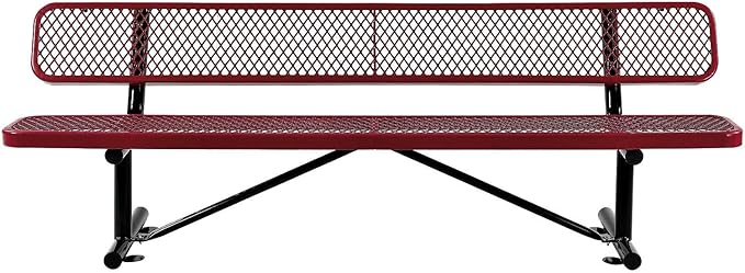 Global Industrial 8'L Heavy Duty Expanded Metal Mesh Bench with Backrest with Steel Frame, Portable Outdoor Bench, 1000 lbs Capacity, Red, 96" L x 24" W x 33" H