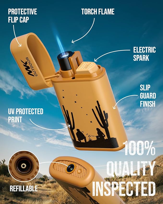 MK Lighter Outdoor Series Camper 5-Pack Assorted Designs, Refillable Butane Tank, Torch Flame, Prepping & Camping Supplies, Survival Lighters (Wild Spirit 5PC)
