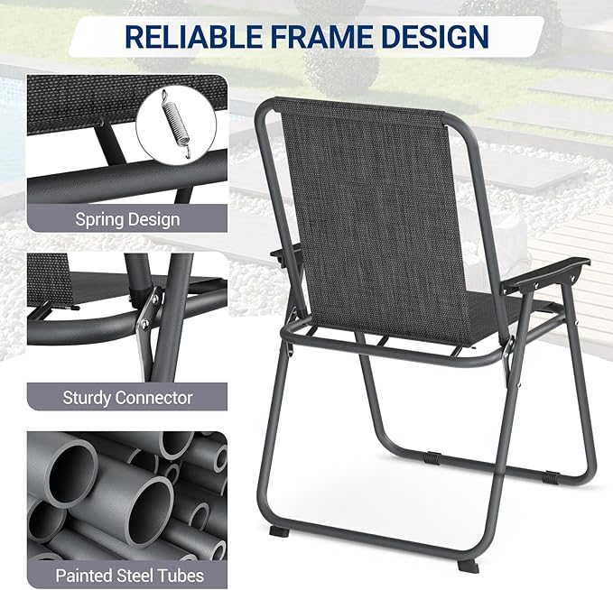 UDPATIO Patio Folding Chairs Set of 2, Lightweight Portable Patio Chair with Sturdy Steel Frame and Weather-Resistant Textilene Fabric, Black