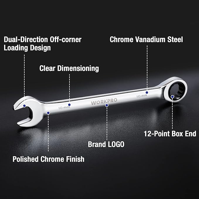 WORKPRO 7-Piece Ratcheting Combination Wrench Set, 72 Teeth, Cr-V Constructed, Combo Ratchet Wrenches Set with Roll Up Pouch, Metric 8mm-17mm
