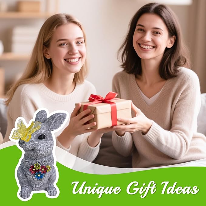 Charming Bunny Garden Statue with Solar Light - Rabbit Figurine Featuring Glowing Flowers & Butterfly - Rustic Outdoor Decor for Spring Patio & Yard - Christmas Birthday Gifts for Grandma Mom Women