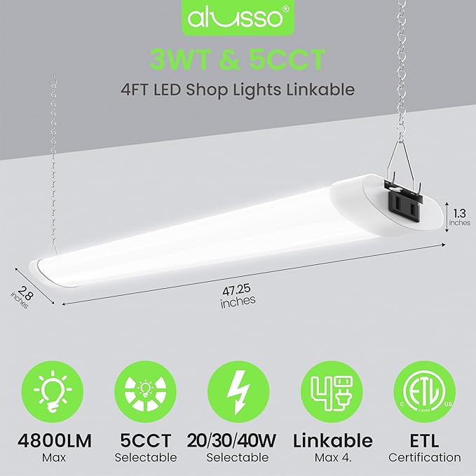 ALUSSO® 5CCT LED Shop Lights for Workshop 4FT, 4800LM Super Bright, 20W 30W 40W 2700K 3000K 4000K 5000K 6500K Selectable, Linkable Linear Work Light for Garage Basement, ETL, 4 Pack