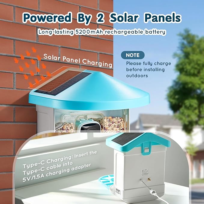 VEVOR Smart Bird Feeder with Camera, Solar Powered Wireless Camera Bird Feeder with 2 Solar Panels, Live Video, AI Identify, Auto Detect & Instant Notify, and 2K Full HD, Ideal Gift for Bird Lover