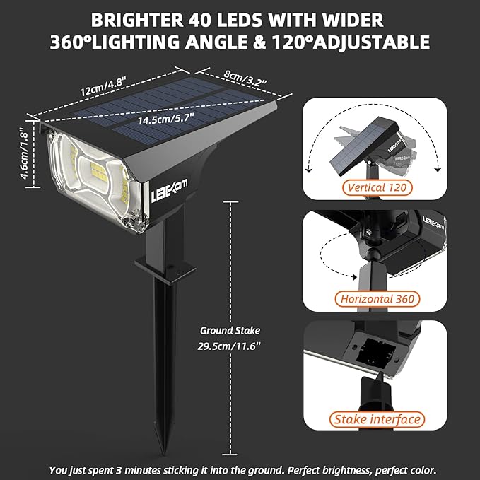 Solar Spot Lights Outdoor,40 LEDs Solar Outdoor Waterproof Landscape Lights with 3 Light Modes, Solar Powered Garden Yard Wall Lights Auto On,Off for Patio 8 Pack