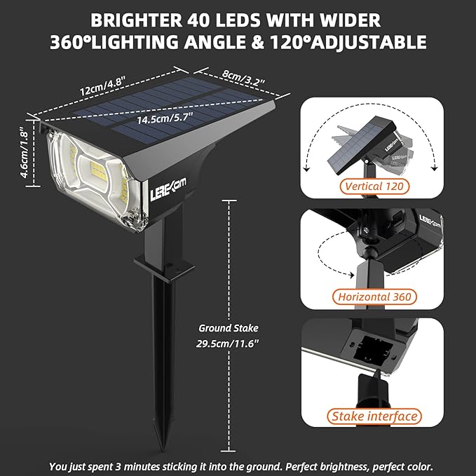 Solar Lights Outdoor Waterproof Landscape Lights, 40 LEDs Solar Spot Lights Outdoor Spotlights with 3 Light Modes, USB & Solar Powered Garden Yard Wall Lights Auto On/Off for Patio 6 Pack