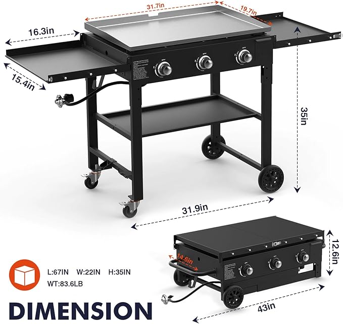 Llamaviva 3 Burner 35" Flat Top Grill with Foldable Shelves 45000 BTU Outdoor Griddle for Propane High-Pressure Systems Portable BBQ Grill