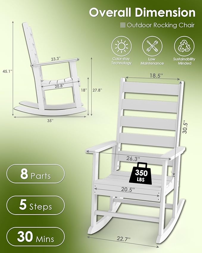 GREENVINES Outdoor-Rocking-Chair | HDPE Plastic | Patio Rockers | Porch Rocker Chairs | Shaker | Oversized | High Ladder Back | Big & Tall | PentaLuxe | White