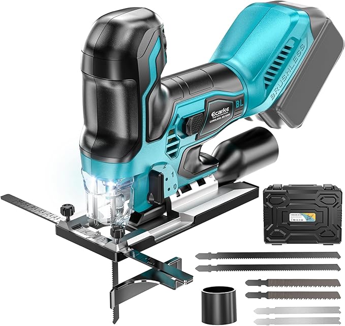 Ecarke Cordless&Brushless Jig Saw Compatible With Makita 18V Battery, 3800RPM, 7 Speeds Dial Control, Free-Tool ±45° Bevel Cuts, 4 Orbital Action, Dust Blows and 6 Blades For Cutting (Exclude Battery)