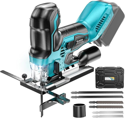 Ecarke Cordless&Brushless Jig Saw Compatible With Makita 18V Battery, 3800RPM, 7 Speeds Dial Control, Free-Tool ±45° Bevel Cuts, 4 Orbital Action, Dust Blows and 6 Blades For Cutting (Exclude Battery)