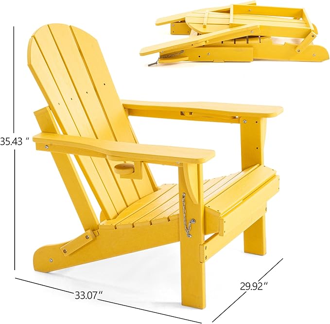 Folding Adirondack Chair, HDPE Outdoor Texture Lawn Chair with Reclining Back, Cup and Phone Holder - Comfortable Firepit Chair Weather Resistant for Patio or Backyard (Yellow, Set of 2)