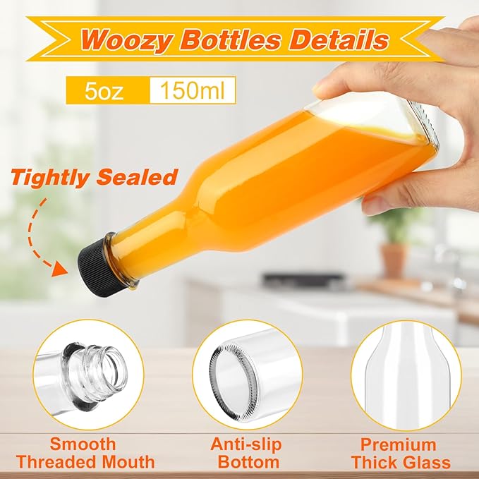 Hot Sauce Bottles 5 oz, 35 Pack Glass Woozy Bottles with Leak Proof Black Caps, Shrink Capsules & Brush, 150ml Empty Bottles for Hot Sauces, Home Bottling, Oils, Vanilla Extract & Gifts