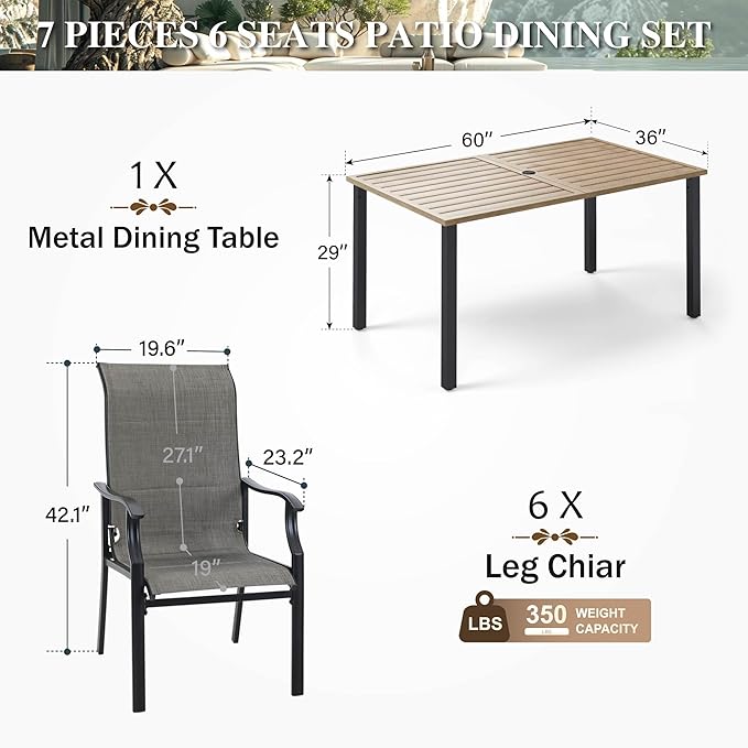 HERA'S HOUSE Patio Dining Set, Outdoor Table Chairs, 6 x All Weather High Back Foam-Padded Dining Chair, 1 x Wood Look Metal Dining Table for Patio, Lawn, Garden, Porch, Festival