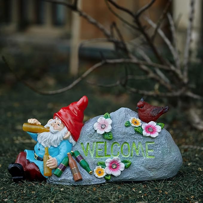 Funny Garden Gnomes Statue with Welcome, Solar Outdoor Gnomes Decorations for Yard, Patio, Lawn, Christmas Birthday Housewaming Gifts for Dad, Men, Husband, Grandpa, 11.8 Inch, Resin