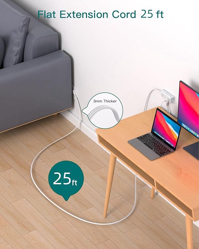 Flat Extension Cord 25 ft, Addtam Flat Plug Power Strip with 6 Outlets Extender, Long Extension Cord with Multiple Outlets, Wall Mount for Home Dorm Room Essentials, ETL Listed