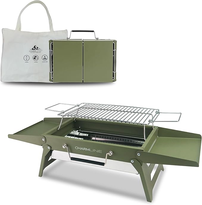 Charmline 14x9 inches Small Portable Charcoal Grill, Compact Portable BBQ Grill, Tabletop Charcoal Grills for Camping, Picnics, Gardens and Beach Parties, Green
