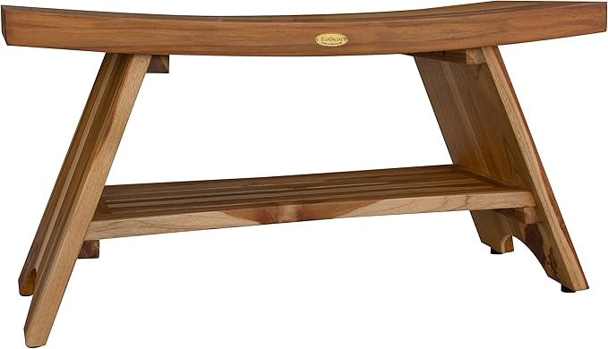 EcoDecors 35 Inch Serenity Teak Shower Bench – Waterproof Bathroom Seat with Large Storage Shelf For Adults & Seniors | Spa-Style Teak Wood Stool with Non-Slip Feet, Elegant Finish, 300 Pound Capacity