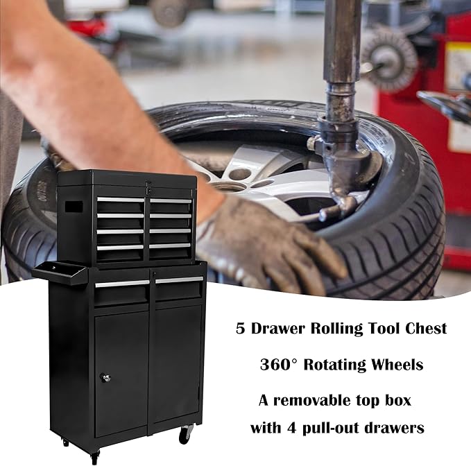 5 Drawer Rolling Tool Chest,Tool Storage Cabinet & Tool Box Cart with Wheels, Big Tools Removable Tool Box Combo,Tools Storage Boxs,Tools Case for Garage Warehouse Workshop (Black)