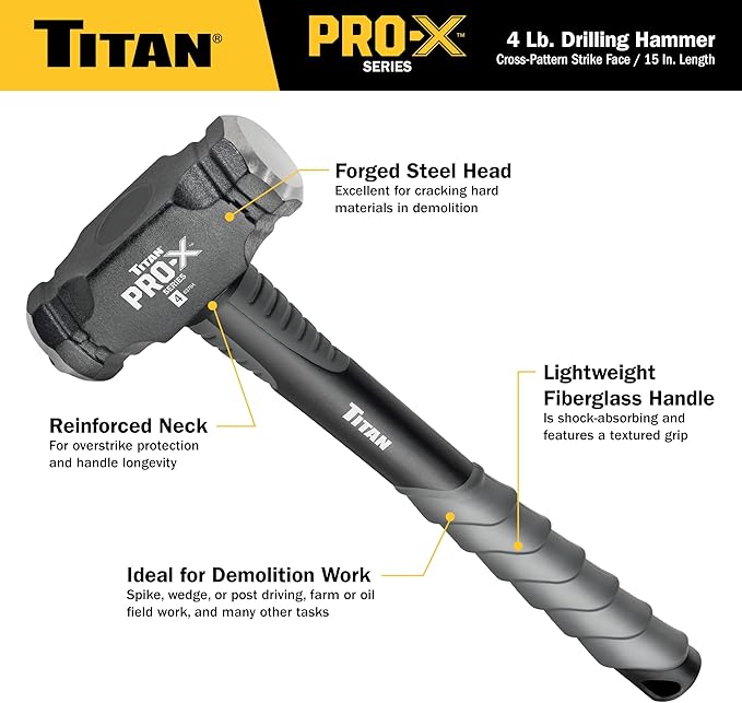 Titan Pro-X 63704 4lb Drilling Hammer, Dual-Face Sledge with Cross-Pattern Face for Concentrated Power & Flat Face for Stake Driving, Overstrike Protection, 15" Fiberglass Handle with Textured Grip