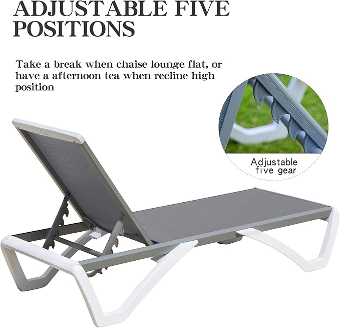 Domi Pool Lounge Chair Aluminum Adjustable Outdoor Chaise Lounge,All Weather Plastic Poolside Lounge Chair with Table for Deck Lawn Backyard, Gray Textilene