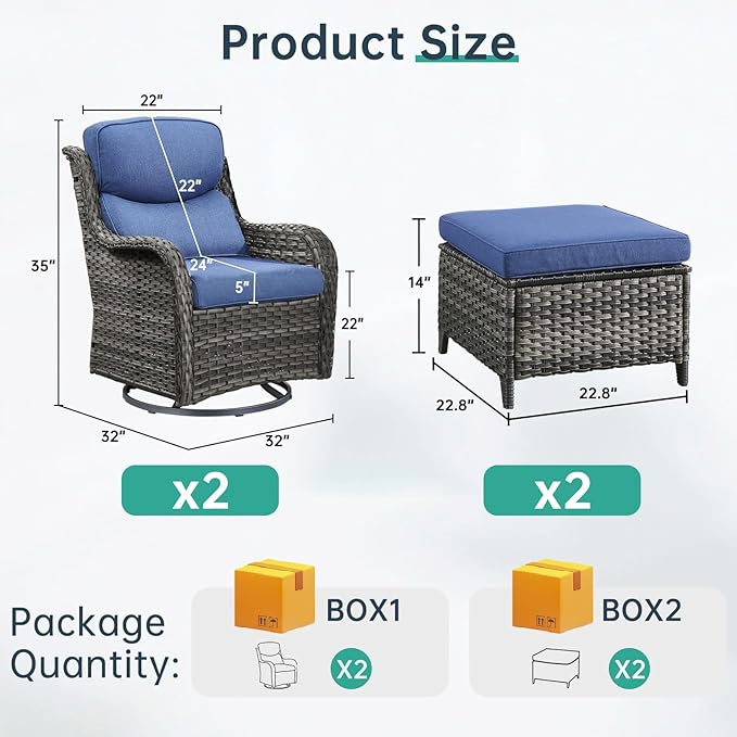Outdoor Swivel Rocker Patio Chairs with 2 Ottomans - 5" Thick Cushion 4 Piece Furniture Set All Weather Comfortable Wicker Conversation Set for Porch Poolside and Deck - Gray/Blue