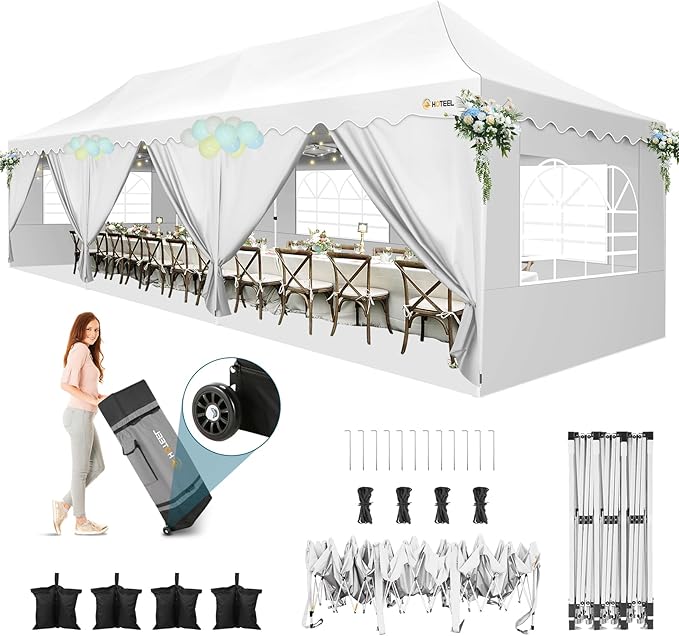 HOTEEL 10x30 Pop Up Canopy Tent with 8 Walls, Extra Tall Party Tent, Waterproof Event Shelter, Easy Setup with Wheeled Bag & Weight Bags for Wedding Backyard Large Events, White