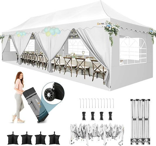 HOTEEL 10x30 Pop Up Canopy Tent with 8 Walls, Extra Tall Party Tent, Waterproof Event Shelter, Easy Setup with Wheeled Bag & Weight Bags for Wedding Backyard Large Events, White