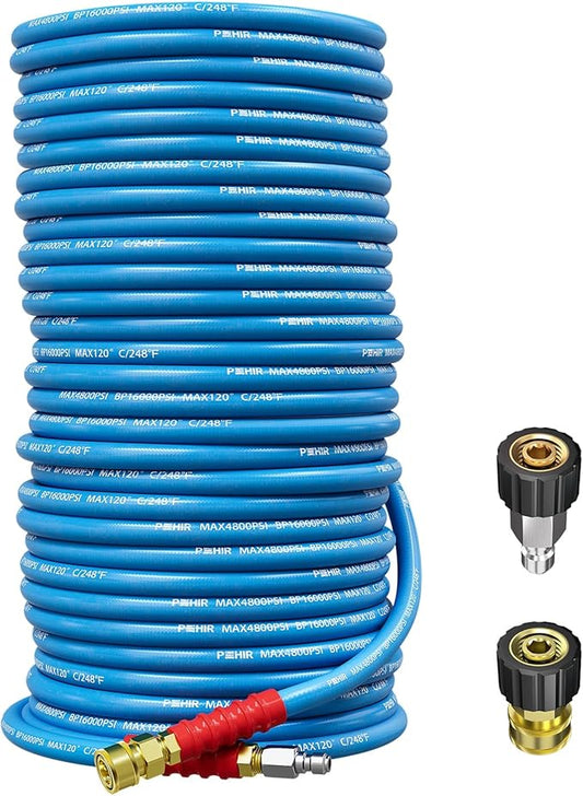 POHIR 150ft Pressure Washer Hose 3/8" 4800 PSI, Kink Resistant Industrial Grade Hose with Quick Connect Ends and Adapters for Hot & Cold Water up to 248°F, Steel Wire Braided Hose for Power Washing