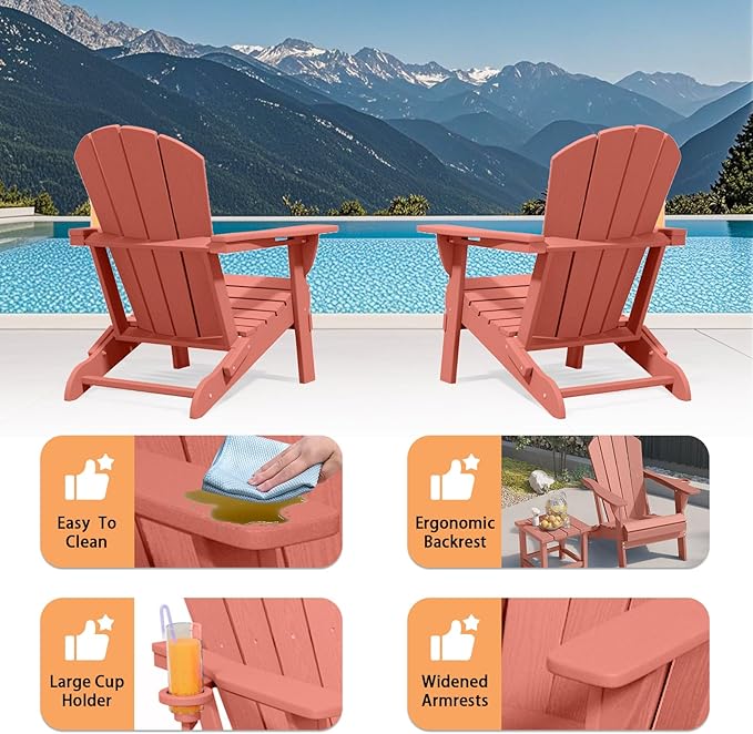 Folding Adirondack Chair Set of 4, HDPE All-Weather Patio Chairs for Outdoor, Patio, Lawn, Garden, Backyard Deck, Fire Pit - Light Red