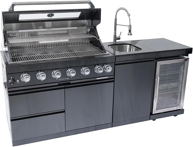 82 Inches 6-Burner 85000 BTU Deluxe Stainless Steel Propane Gas Outdoor Kitchen Bar Barbecue Island Grill, Wine Cooler Compact Refrigerator, Granite Countertops, Stainless Steel Sink, Black