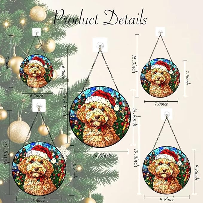Stained Glass Window Hanging - Christmas Tree and A Dog Wearing a Xmas Hat Suncatcher fof Garden Home Decor for Women Mon Grandma Friends
