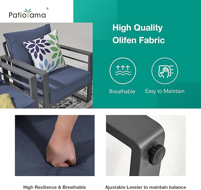 Patiorama Aluminum Patio Furniture Set, 2 PCS Outdoor Armchairs Single Sofa Couch, All Weather Dark Grey Metal Chair with Olefin Cushion, Deep Seating, 300 lbs Capacity, Deck, Garden-Blue Cushion