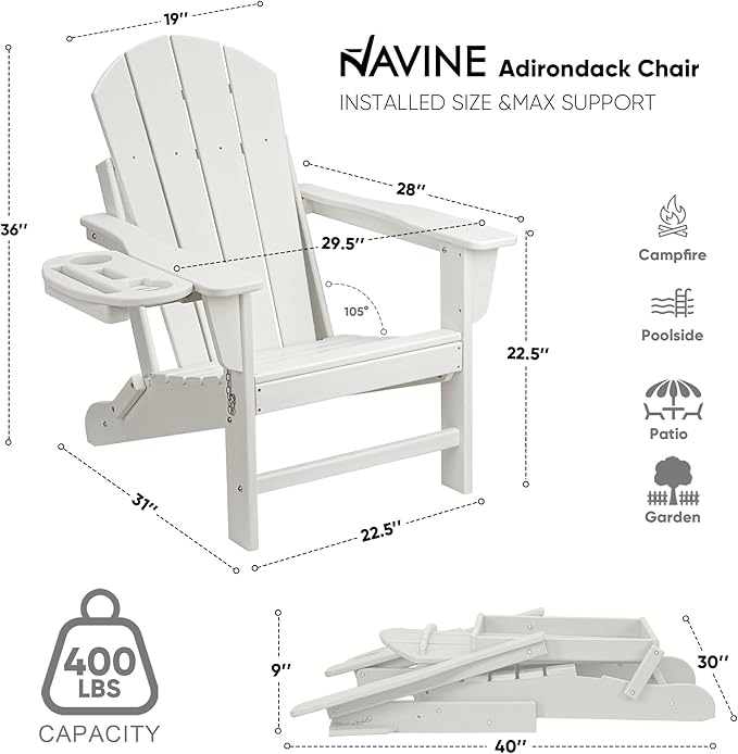Adirondack Chair Set of 6, HDPE Folding Adirondack Chair with Multifunctional Cup Holder, Weather Resistant Fire Pit Chair for porches, patios, poolsides, Decks.