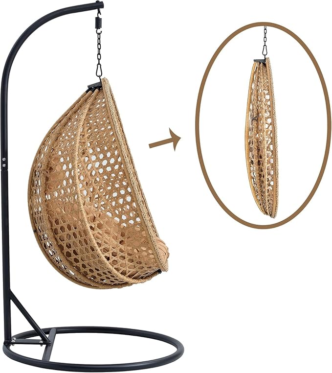 Hanging Egg Chair with Stand, Egg Swing Chair with Stand Indoor Outdoor,Yellow Wicker Swing Egg Chair for Adults, Hammock Chair with Comfortable Cushion and Stable Round Metal Base for Bedroom Patio