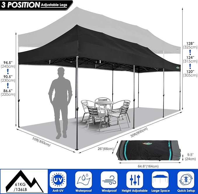 COBIZI 10x30 Heavy Duty Pop up Canopy with 8 sidewalls Stable Wedding Outdoor Tents for Parties Canopy Pop Up Party Tent UPF 50+ Waterproof Commercial Gazebo with Roller Bag, Black(Windproof Upgraded)