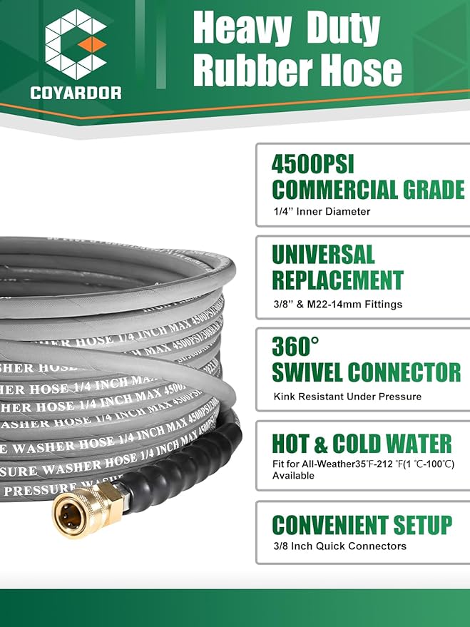 1/4” Pressure Washer Hose 35 FT 4500 PSI, Steel Braided Layer & NonMarking Rubber for Hot/Cold Water High Power Washer Replacement With Quick Connect & M22 Fitting, Industrial-grade
