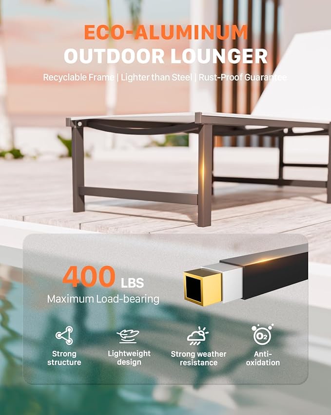 Chaise Lounge Chair Outdoor,Aluminum Patio Lounge Chairs Set of 2,Pool Lounge Chairs with 5 Adjustable Backrest and Headrest Pillows for Outside Beach，White