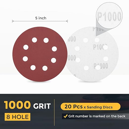 HARFINGTON 20 Pcs 5 Inch Sanding Discs, 1000 Grit Hook and Loop Sandpaper, 8-Hole Aluminum Oxide Orbital Sander Sandpaper for Woodworking Automotive Metal Polishing, Red